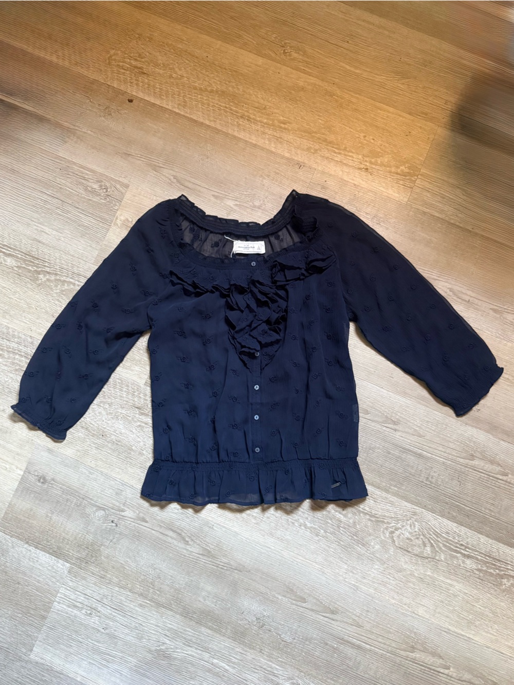 Abercrombie & Fitch Womans Navy Sheer Ruffle Blouse